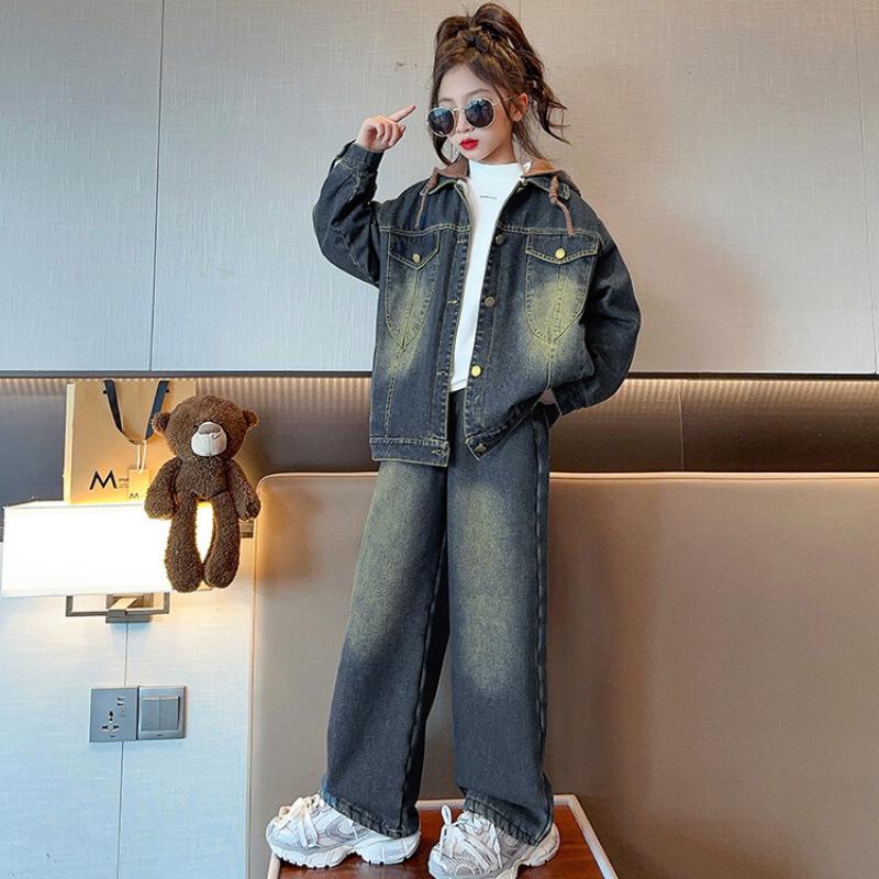 Mädchen Denim-Set, Herbst/Winter-Stil, Kapuzenjacke und Weitbein-Hose Zweiteiler