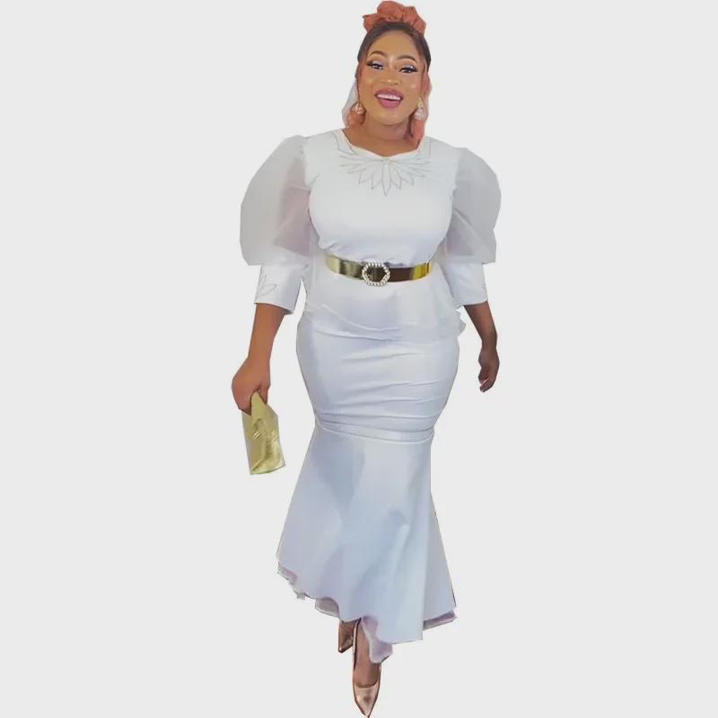 African Women's Lotus Leaf Organza Puff Sleeve Top and Skirt with Embroidered Sequins.