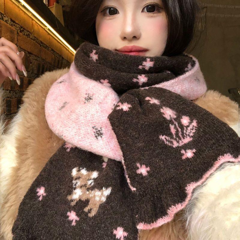 Korean-style double-sided knitted scarf for women, winter, high-end, atmospheric, thickened, warm, wool neck warmer