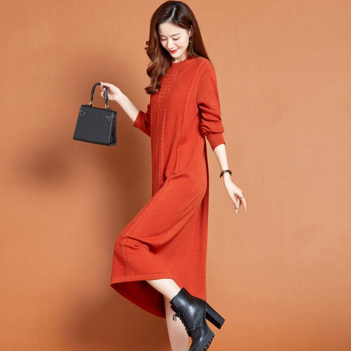 Knitted Dress for Women Mid-length Straight Sweater Dress Long Pullover Loose Knitted Sweater Knee-length Base Sweater