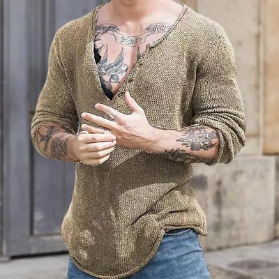 Men Solid Casual V Neck Streetwear Top Male Spring and Autumn Pullovers Simplicity Slim Long Sleeve Thin Sweater