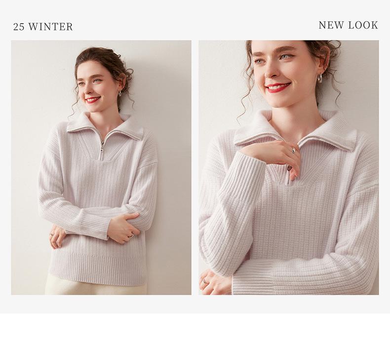 Women's Cashmere Lapel Knitwear: Autumn/Winter Half-Zip Loose Pullover, Versatile Lazy Style Top.