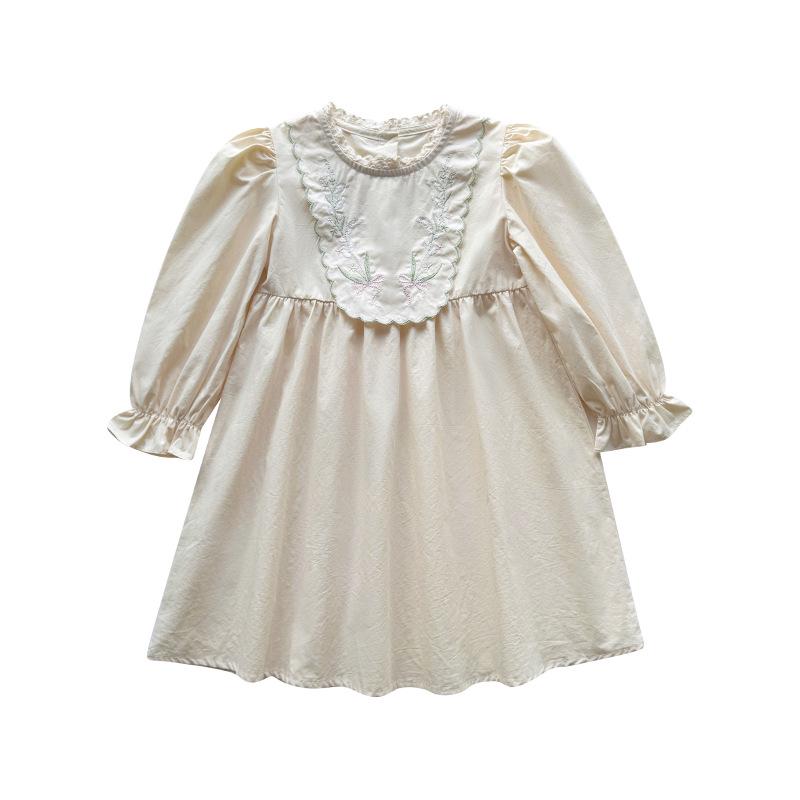 Korean Floral Embroidery Toddler Princess Dress in Pure Cotton - Autumn 2026 Long Sleeve Lapel Skirt