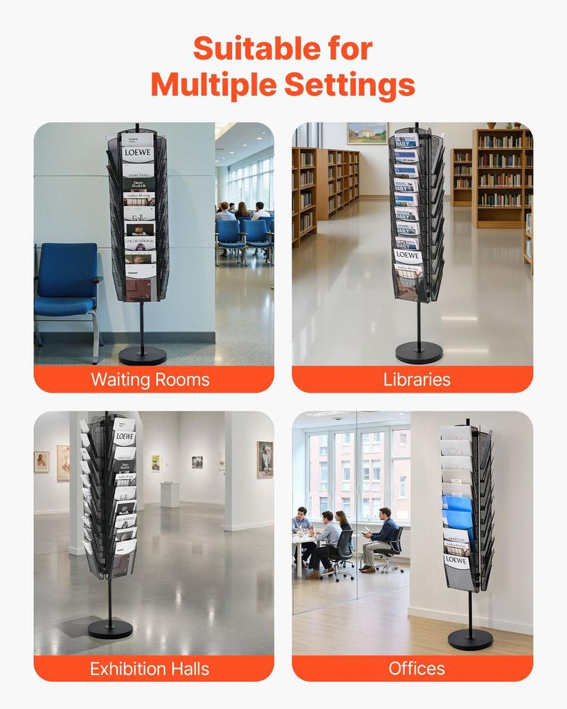 Rotating Brochure Display Rack, 30 Pockets Mesh Magazine Literature Display Stand, Portable Floor Standing Magazine Rack, Metal Newspaper Catalog