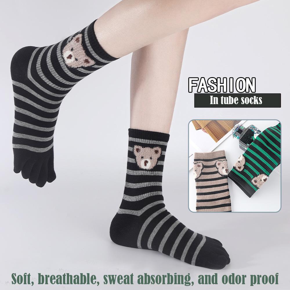 1 Pair Cartoon Bear Toe Socks Breathable Mid-tube Socks Cute Five Finger Socks  Unisex