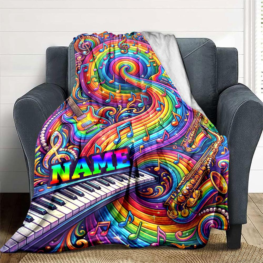 Music Rainbow Guitar Piano Saxophone Home Customize Your Name Blankets Soft Cozy Lightweight All Season Multi Use Throw Blanket For Couch Office Bed