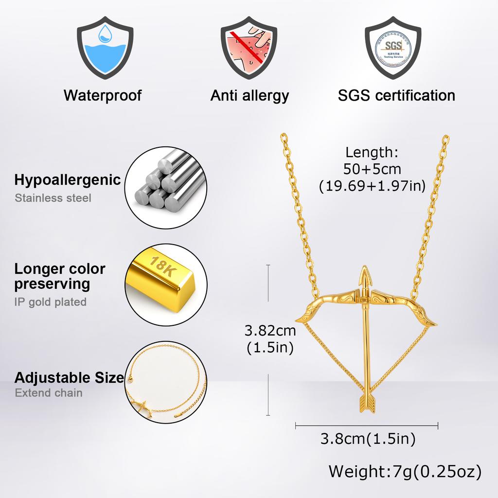 Stylish Chic Bow and Arrow Pendant Necklace for Men, Waterproof 18K Gold Plated Stainless Steel Archer Necklace, Fashion Jewelry