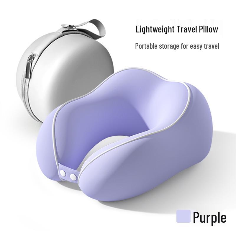 

Portable Memory Foam U-Shaped Travel Neck Pillow for Car, Train, and Airplane With Storage Box and Button фиолетовый