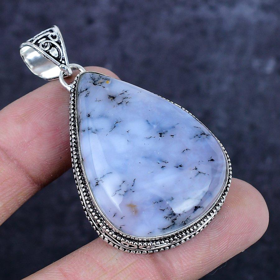 Natural Dendrite Opal Gemstone 925 Sterling Silver Jewelry Pendant 2.25" ETC-14253