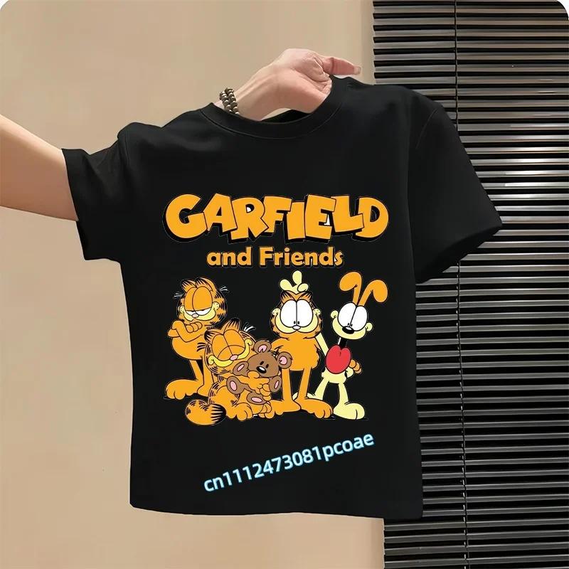 Garfield's new children's pure polyester short-sleeved boys' sports shirt, girls' casual top with cartoon print, summer T-shirt