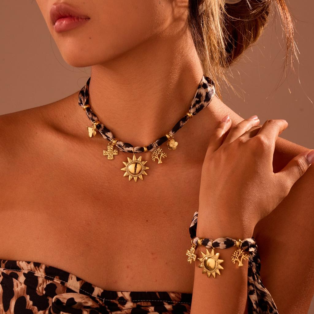 GEMCHIC Women's Leopard Print Silk Scarf Necklace with Sun Cross Tree Charms Stainless Steel Choker