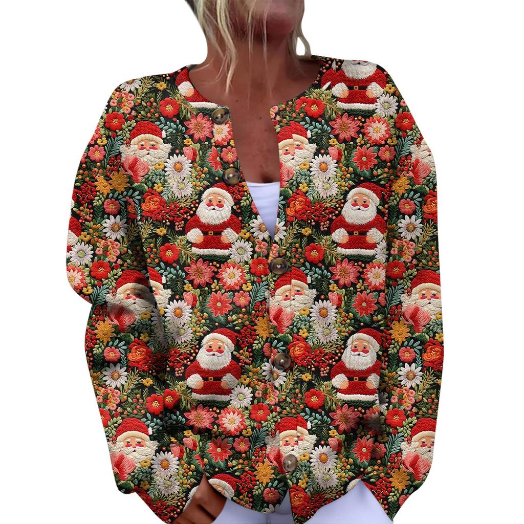 Women's Fashion Christmas Printed Long Sleeve Knitted Cardigan Button Down Jacket