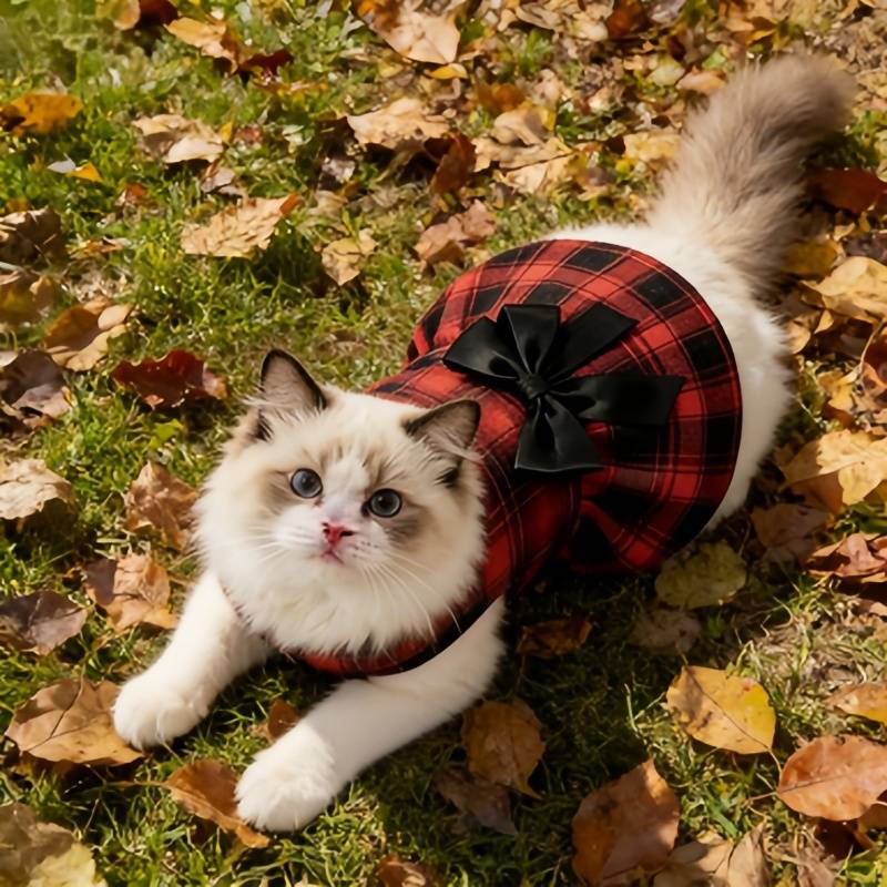 Cute Plaid Pet Dress with Bow Decoration, Soft Fabric Cat and Dog Clothing, Suitable for Small and Medium-sized Pets