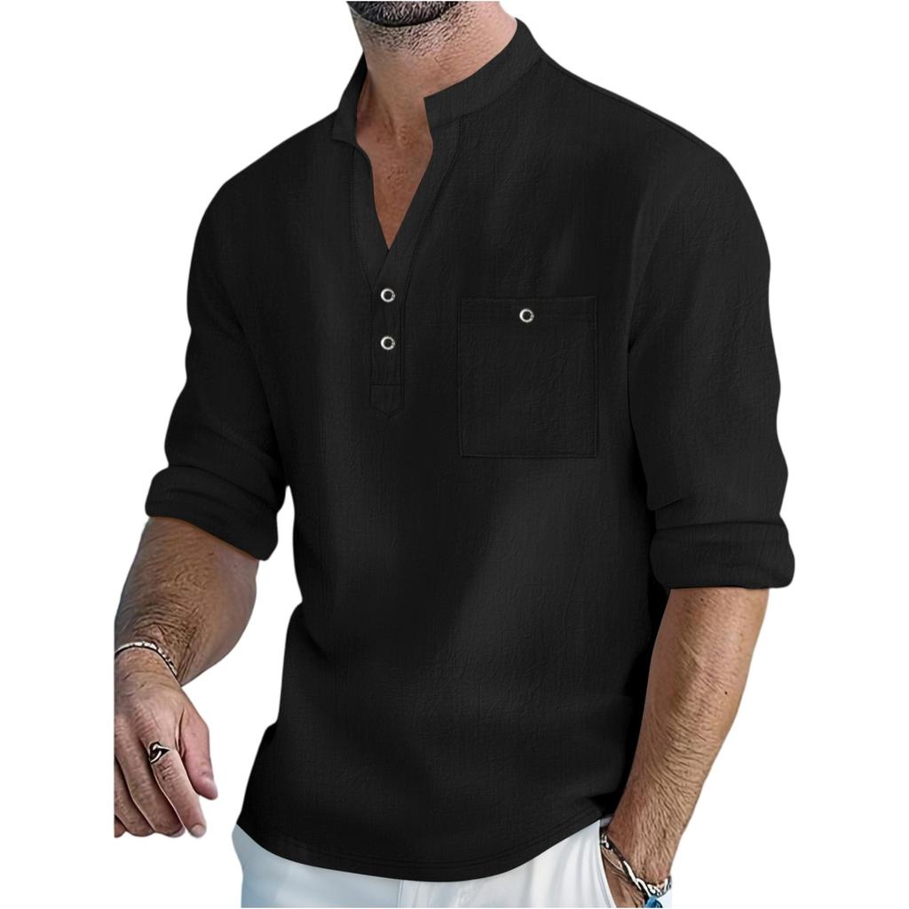 Men's Cotton Linen Long-Sleeve - Loose Fit Stand Collar Pocket Casual Cotton Linen Long-Sleeve Top