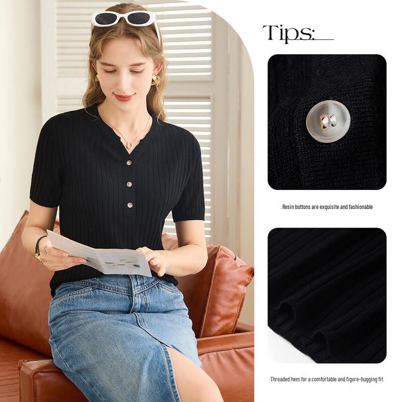 TUHUANG Women's Merino Wool Ribbed Knit V-Neck Short Sleeve T-Shirt