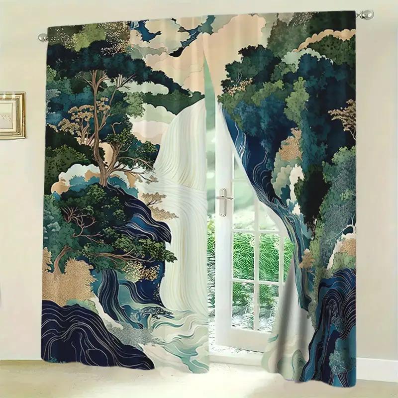 2PCS East Asian Landscape Sheer Curtains – Green Mountain Tree Print   Rod Pocket Polyester for Living Room Bedroom Dining