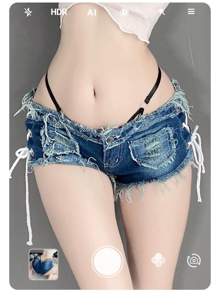Ripped Denim Open-Crotch Shorts - Sexy Low-Waist Lingerie for Nightclub Temptation