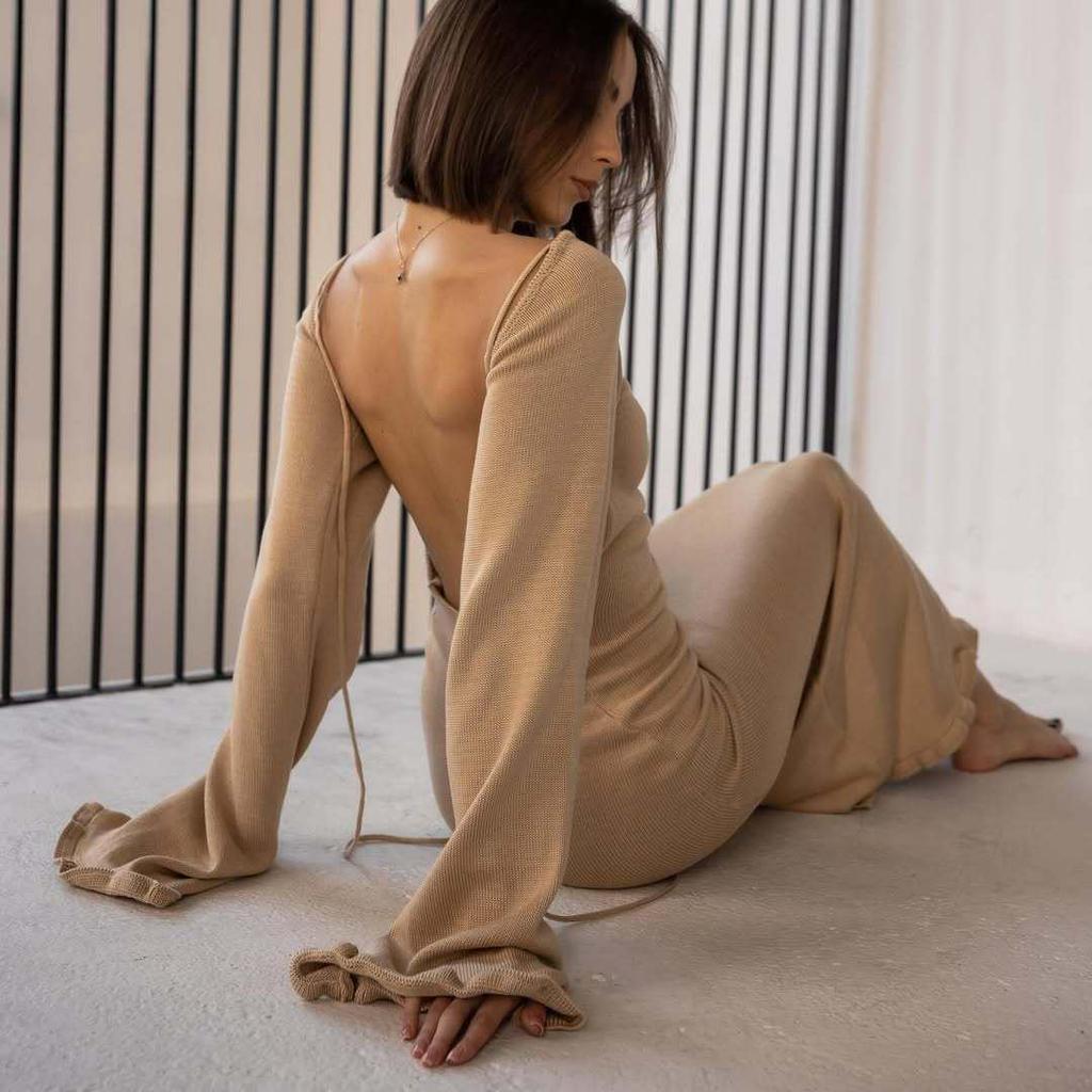 2025 Europäischer & Amerikanischer Stil Damen Bodycon Strickkleid mit Glockenärmeln