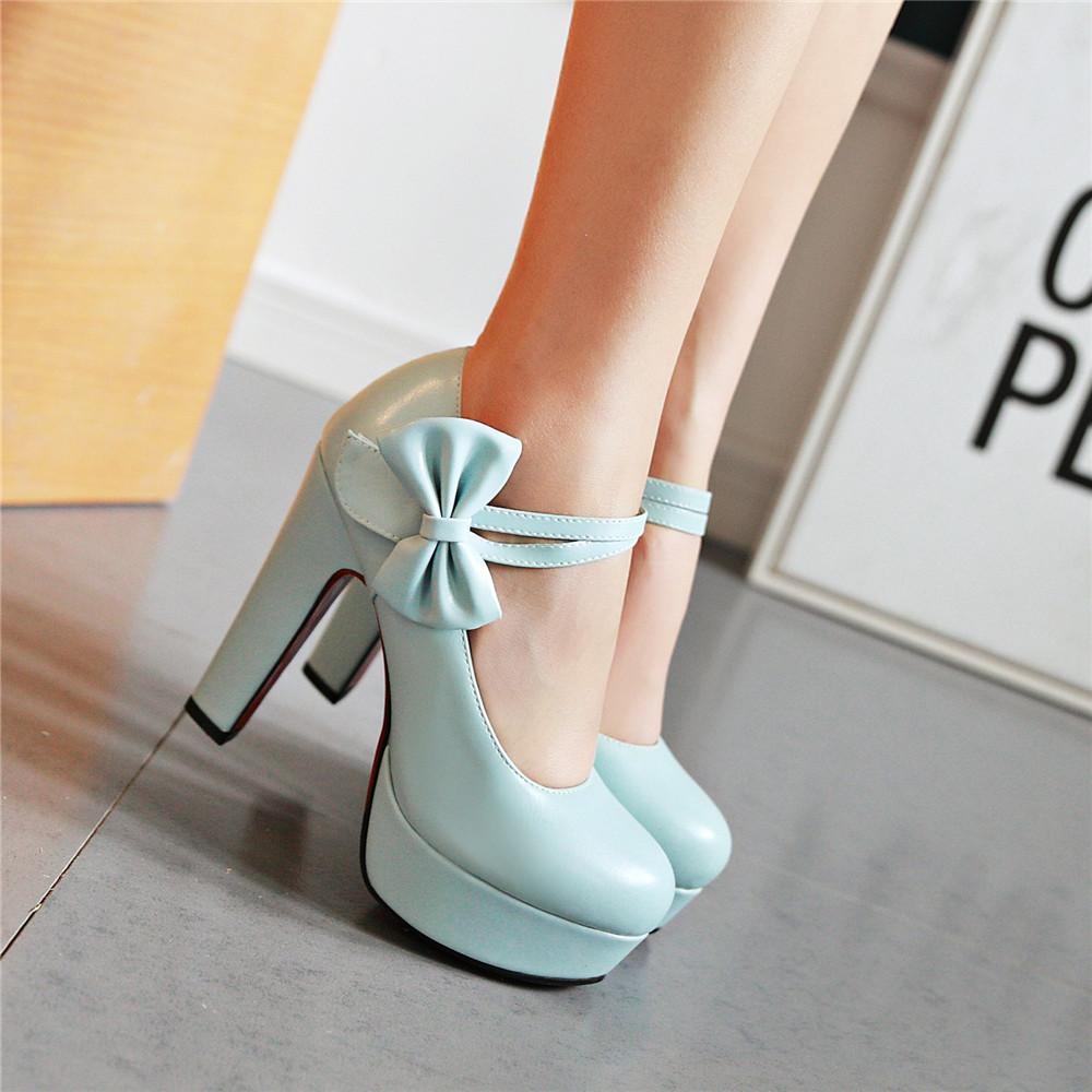 Fashion Spring High Heels Women Platform Pumps Ankle Strap Shallow Mouth Single Shoes Bow Ladies High Heels White Wedding Women Shoes