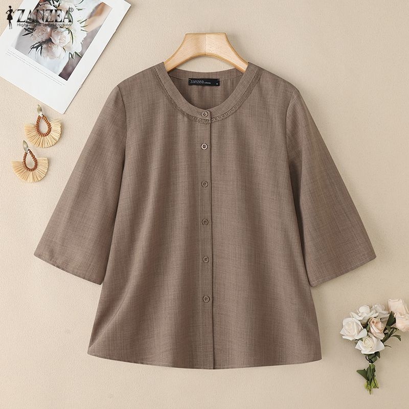 ZANZEA Women Casual Round Neck Solid Color Loose 3/4 Sleeve Blouse