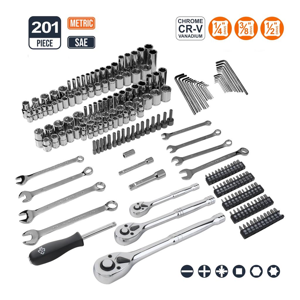 Amazon Basics Mechanic Socket Tool Kit Set with 201 Pieces Case,