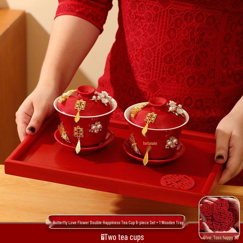 Double Happiness Butterfly Love Teacup Set: Wedding Bowls, Red Tea Set, Chopstick Pair, Dowry Gift