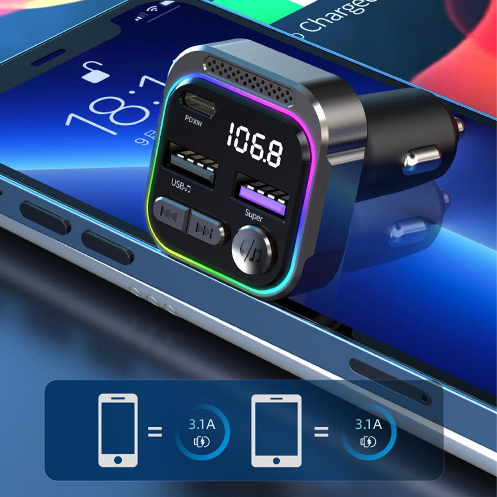 PD 30W rychlonabíječka do auta s atmosférickým světlem MP3 Bluetooth USB Flash Diskový přehrávač FM vysílač #468742