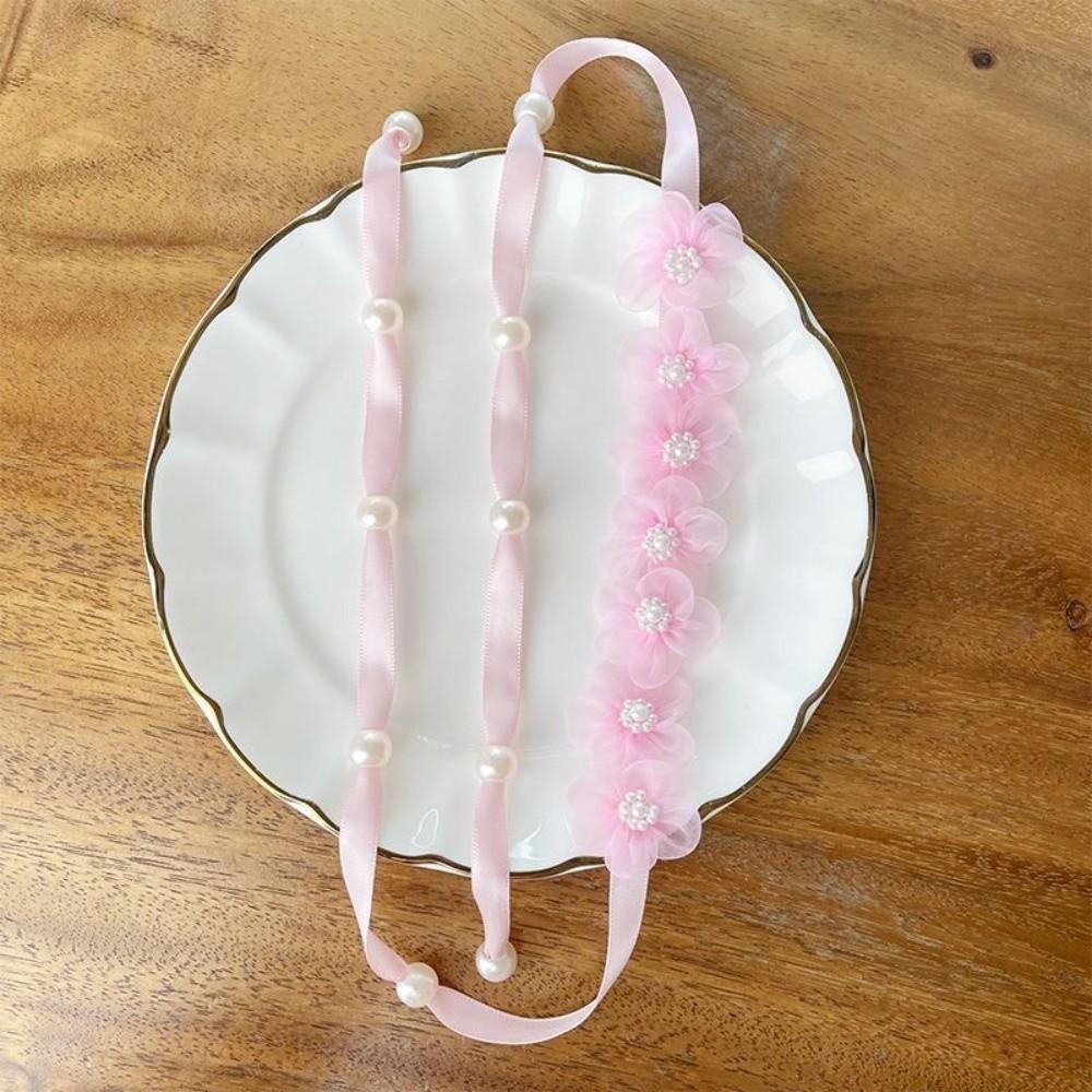 Snow Yarn Floral Headband Tulle Flower Imitation Pearl Headband  Birthday Party розовый