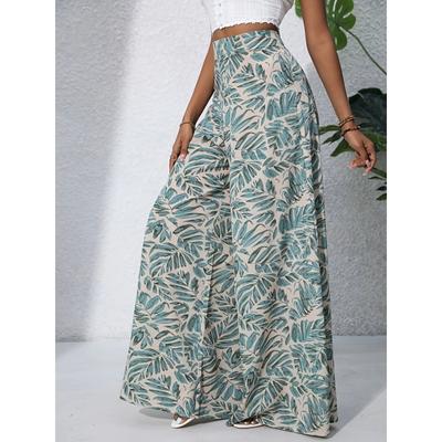 Damskie spodnie boho z nadrukiem, szerokie nogawki - Wysoki stan, długie spodnie na letnie wakacje na plażę, styl casualowej elegancji