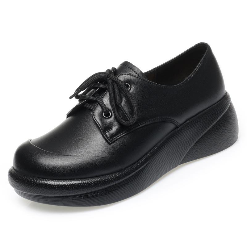 Platform Loafers Woman Spring New Slope Heel Leather Women s Shoes Cowhide Casual Lace-up Round Head Loafers Platform Shoes 35 чёрный 5000₽