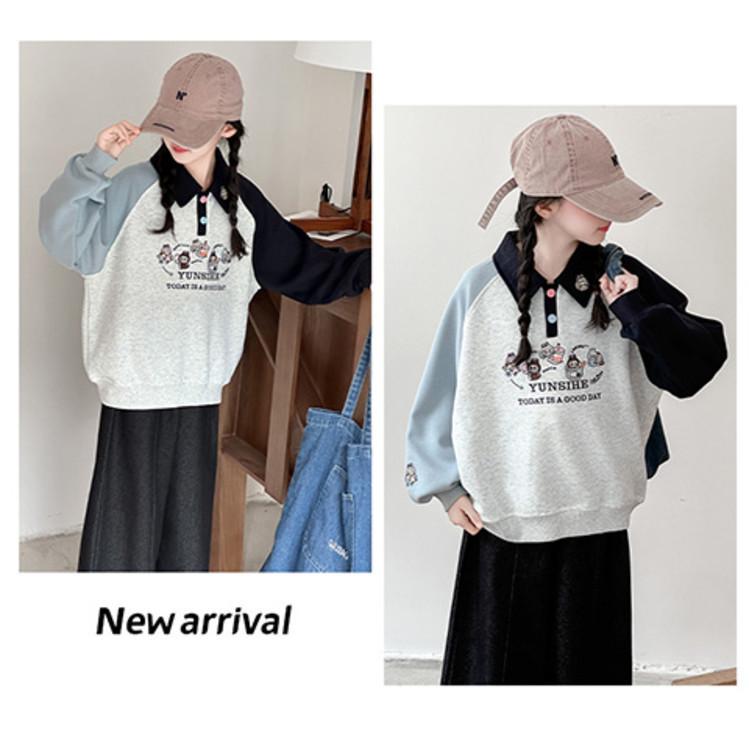 Mädchen 2025 Herbst Polokragen Raglanärmel Sweatshirt - Stilvolles Herbstoberteil für mittlere und große Kinder