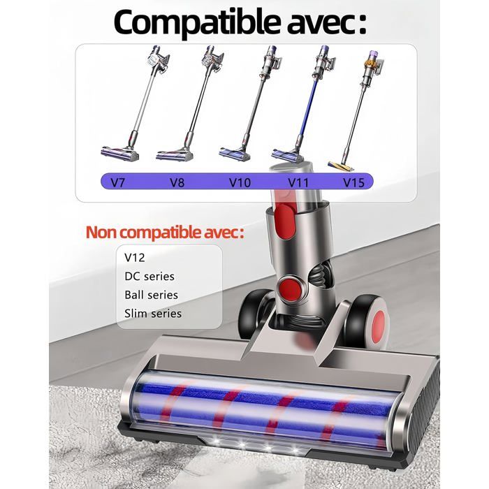 Brosse Motorisée pour Dyson V7-V15, Tête d'Aspirateur de Rechange avec 2 Rouleaux et 4 LED