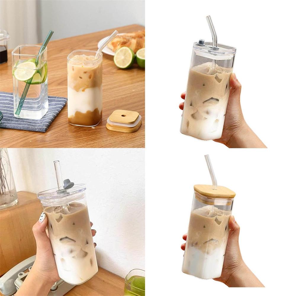New 400ML Square Glass Coffee Cup Heat-Resistant with Lid And Straw Ideal for Milk Tea Juice Smoothies Home Bar Drinks Milk Cup
