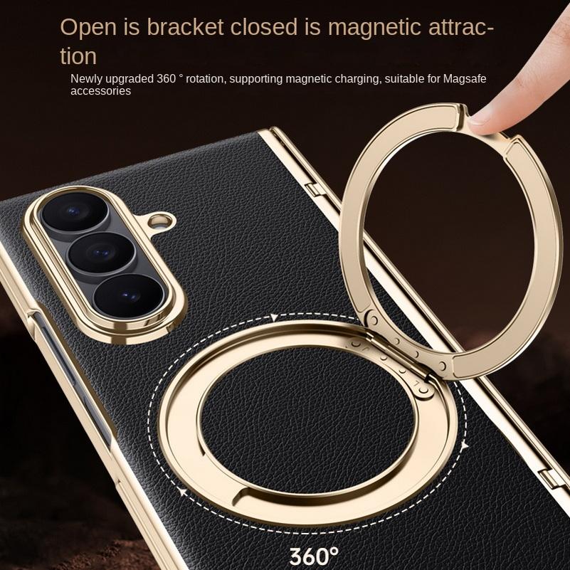 Rotatable Metal Magnetic Bracket Central Axis Leather Phone Case for Samsung Galaxy Z Fold 7 Slim Glass Protect Film Back Cover
