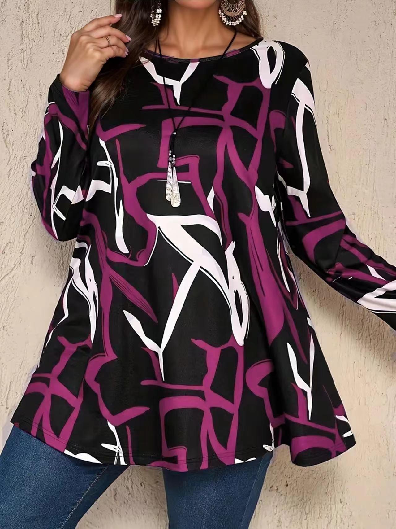 

Women s Plus Size Abstract Print Long Sleeve Round Neck Tunic Top Casual Blouse Shirt 5XL фіолетовий