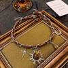 Retro Brown Opal Sun Pendant Necklace for Men Women Hip Hop Crystal Cross Leather Patchwork Necklace Grunge Party Jewelry