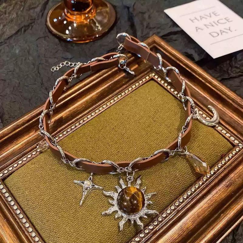 Retro Brown Opal Sun Pendant Necklace for Men Women Hip Hop Crystal Cross Leather Patchwork Necklace Grunge Party Jewelry