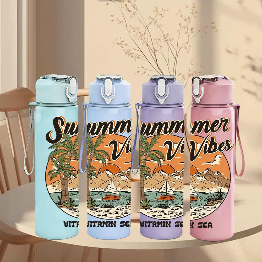 1PC Retro Beach Summer Vibes Poster 750ml Color Plastic Sports Water Bottle Leakproof Flip Straw Lid Suitable for Sports Office Home Use