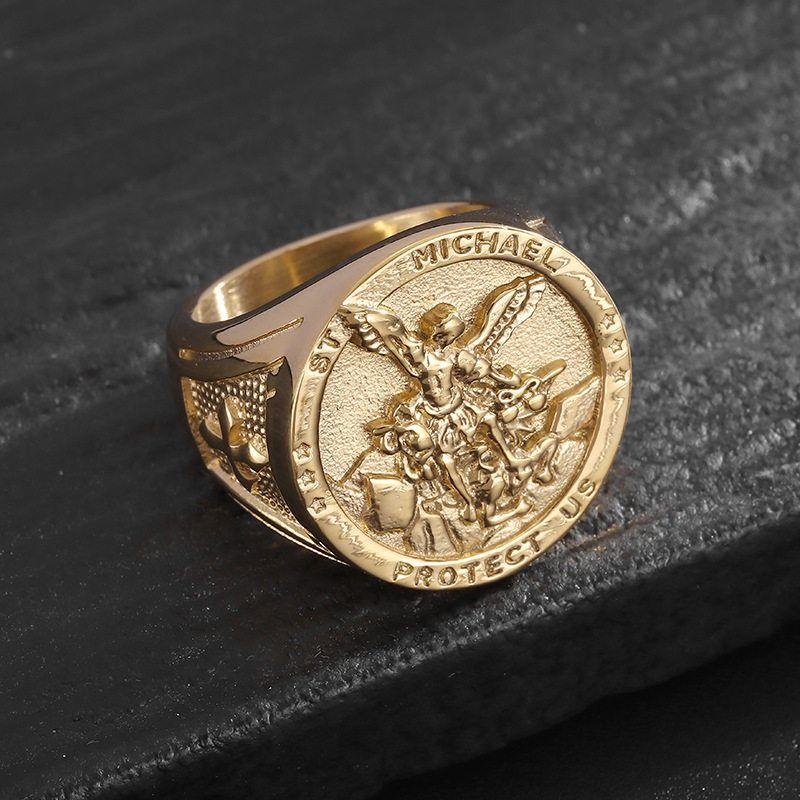 

Fashion Cross-Border New Arrival Hip Hop Hiphop Ring Titanium Steel Gold Plated Archangel St. Clare Exorcism Men Ring Golden Us Size No. 9