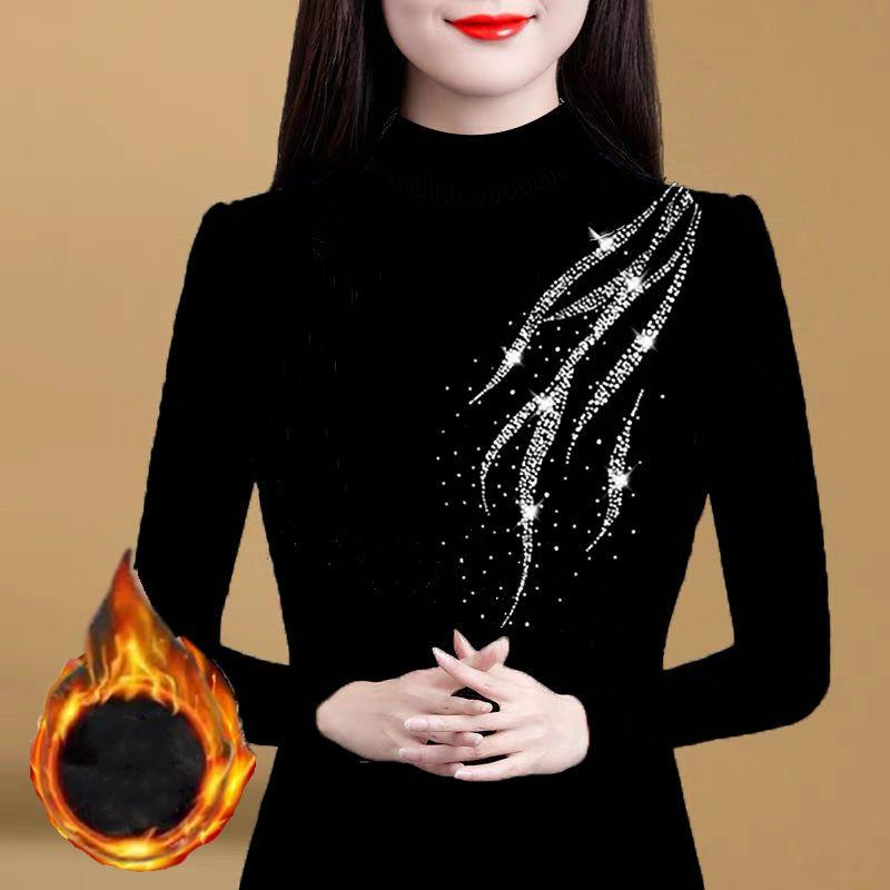 Autumn Winter Women Diamonds Fleece Black Slim T-Shirt Version Fashion Half High Neck Big Size Thicken Casual Long Sleeve Tops