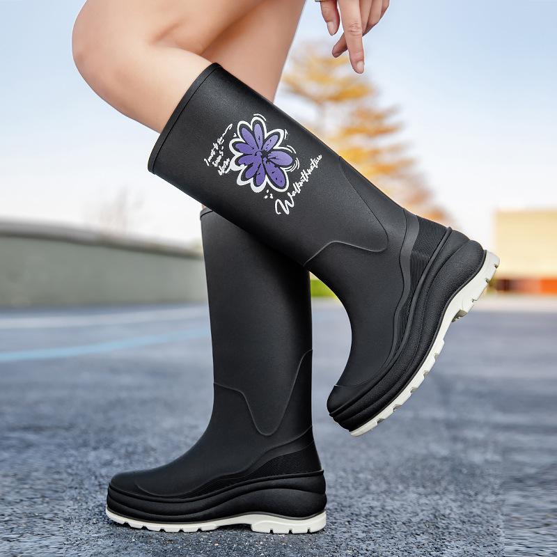 Women's rain shoes platform long tube non-slip waterproof high tube rain boots fleece wear-resistant rubber shoes kitchen outdoor work