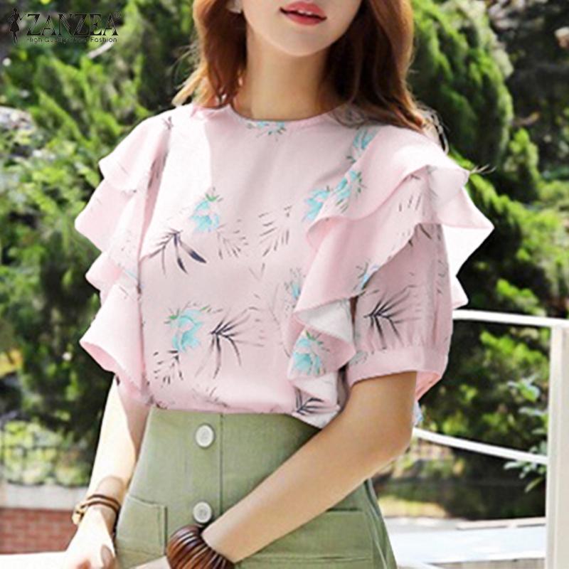 ZANZEA Women Casual Round Neck Ruffles Short Sleeve Loose Print Blouse