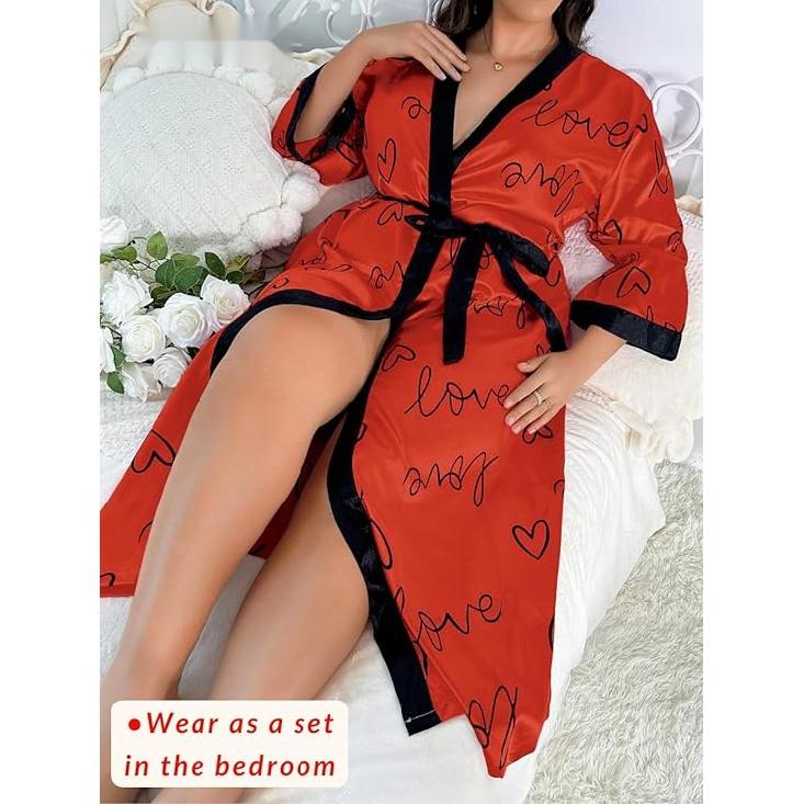 Women's Plus Size Valentines Robe, Sexy Satin Robe Long Sleepwear