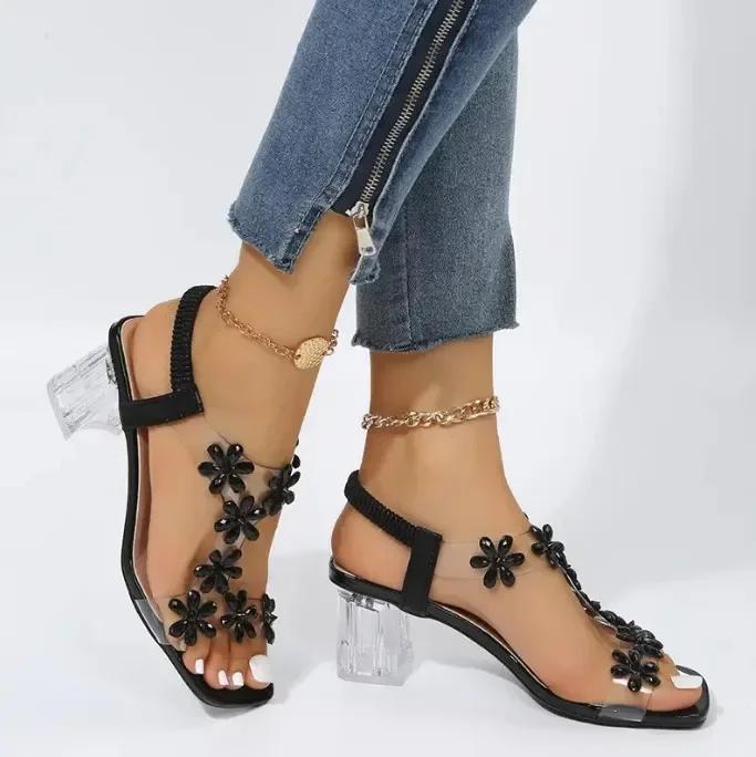Léto Ženy Sandály PVC Crystal Květinová dekorace Robustní podpatek Peep Toe Zadní pásek Pružný pásek Elegantní Módní Boty Dámské