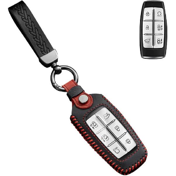 

SANRILY FLL Production Leather Key Fob Cover for Genesis GV80 2021 2022 G80 GV70 G90 G70 Keyless 4/6/8 Button Key Case Shell with Keychain Brown чёрный