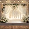A Fashionable Floral Arch Wedding Background with White Curtains and Gentle Radiance