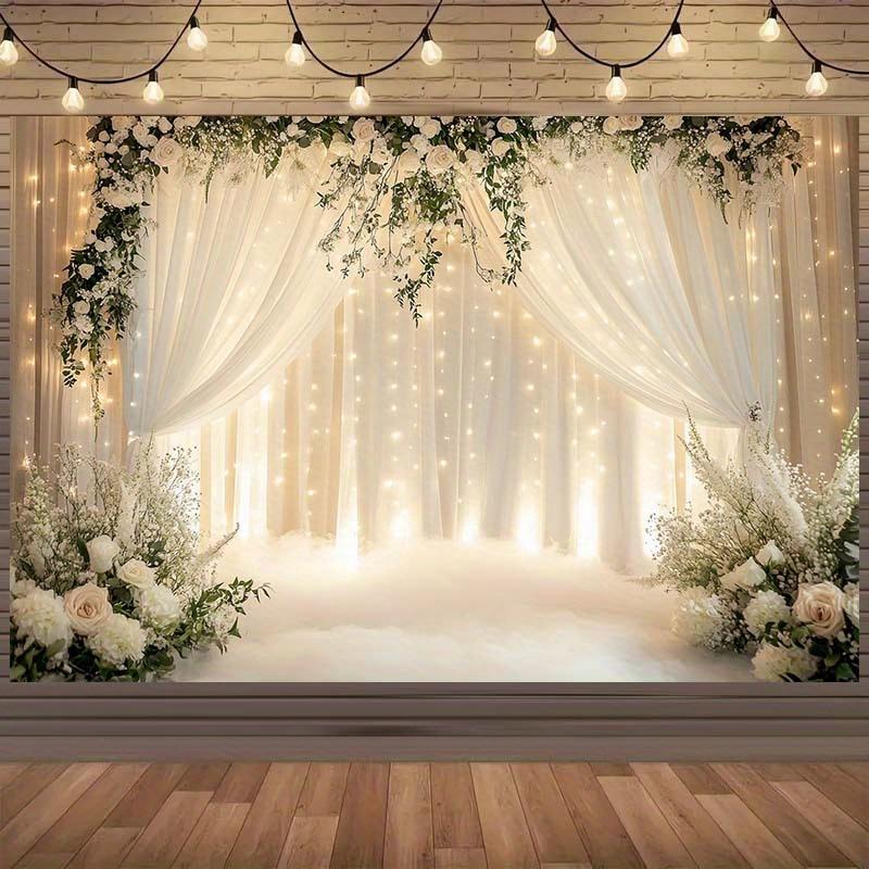 A Fashionable Floral Arch Wedding Background with White Curtains and Gentle Radiance