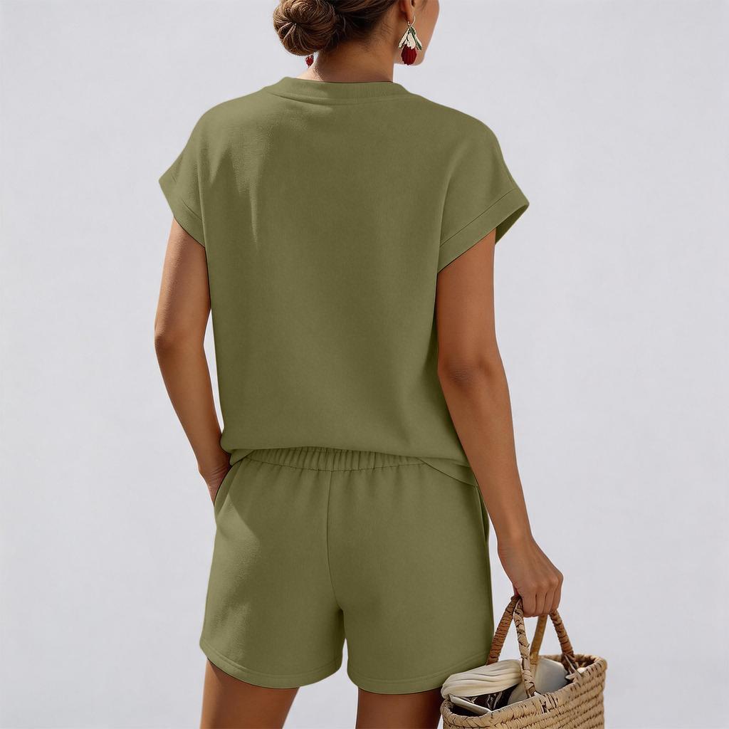 Completo Due Pezzi da Donna con Top a Manica Corta e Pantaloncini Vestibilità Larga Scollo a V Abbigliamento Rilassato per Uso Quotidiano