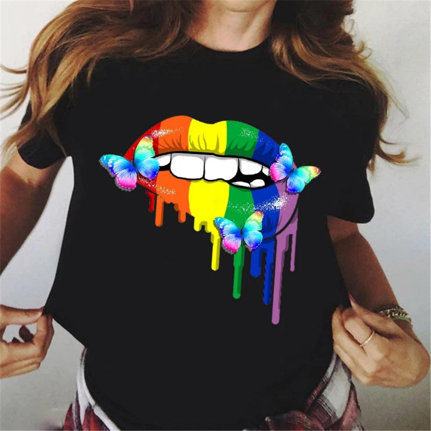 

Rainbow Lipstick Lips Luxury Makeup T Shirt Women Butterfly Black Tshirt Summer Fashion Female T-Shirt Tumblr Tops Tee S чёрный