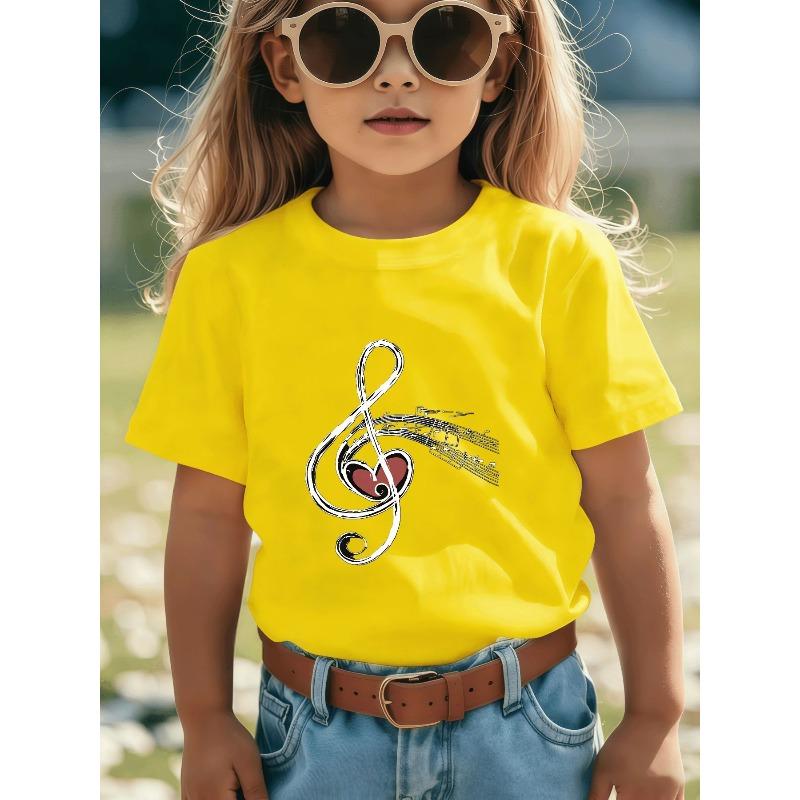 European sizes Kids' Music Love Heart Style T-Shirt - Unique Black Base with White Musical Notes and Abstract Treble Clef Design